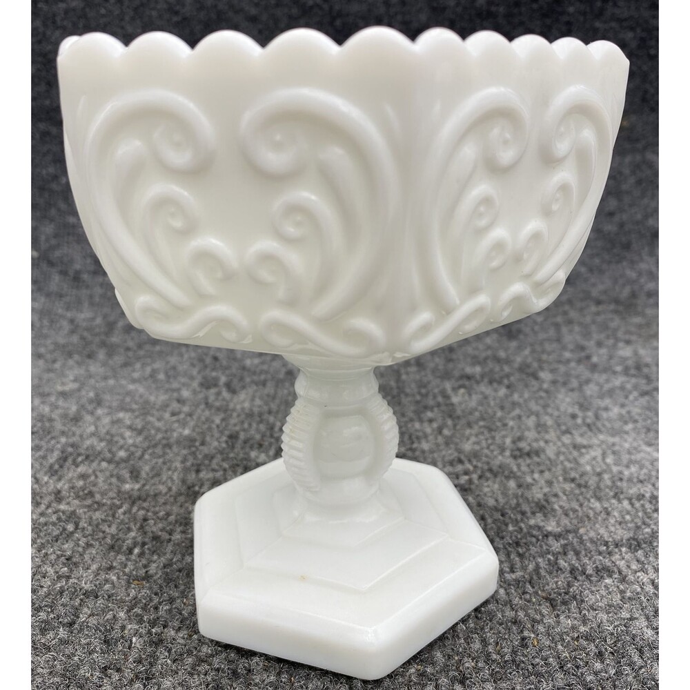 Vintage Westmoreland White Milk Glass Scroll Hexagonal Pedestal Candy Dish Bowl - Picture 4 of 9
